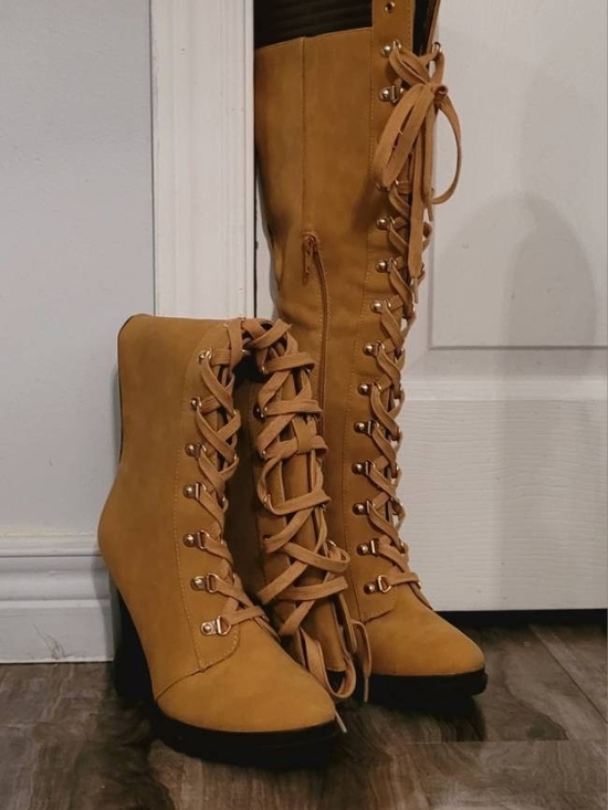 JustFab Shoes - JustFab Tall Lace-Up Heeled Boots in Camel